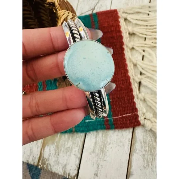 Navajo Sterling Silver & Golden Hills Turquoise Cuff Bracelet - Picture 5 of 6